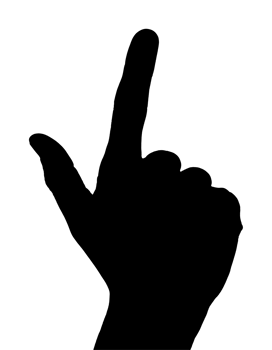 a clean 2d black silhouette of a person making a dramatic pointing gesture upwards, authoritative command pose, on isolated background png