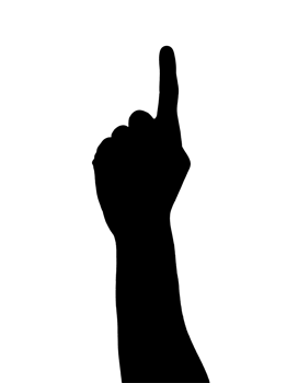 a clean 2d black silhouette of a person dramatically pointing upwards, leadership and assertive stance, on isolated background png