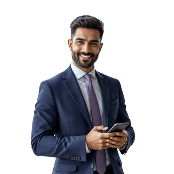 A man in a suit and tie is holding his phone png