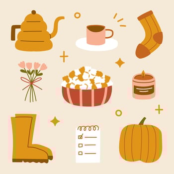 Hand drawn hygge autumn home cozy elements Scandinavian style mocha pot coffee socks bouquet popcorn note boots and pumpkin stickers vector