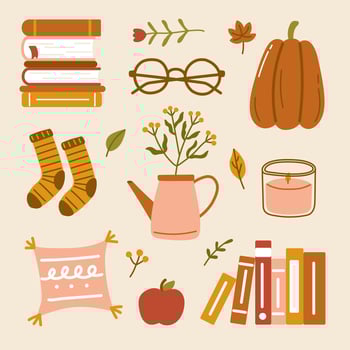 Hand drawn cute hygge autumn home cozy elements Scandinavian style book socks pillow candle leaves flower apple eyeglasses pumpkins fall season illustration vector