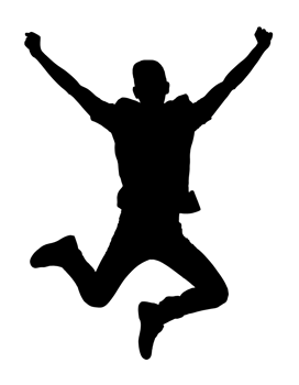 a clean 2d black silhouette of a person jumping in excitement, celebrating success and joy, on isolated background png
