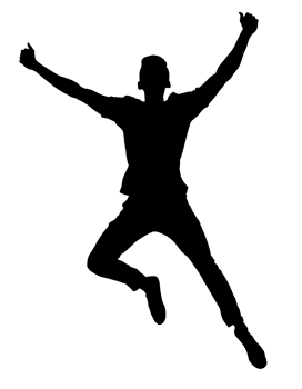 a clean 2d black silhouette of a person jumping in excitement with arms raised, expressing joy and celebration, on isolated background png
