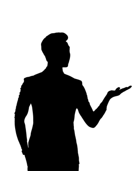 a clean 2d black silhouette of a leader introducing a team, standing with open arms, symbolizing leadership, teamwork, and motivation, on isolated background png