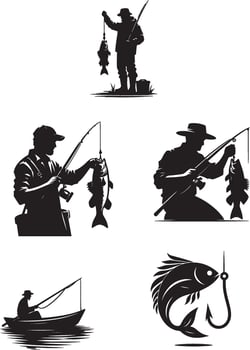 Fisherman silhouettes set of fishing icons vector