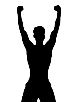a clean 2d black silhouette of a person in victory pose on isolated background png