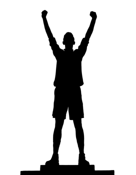 a clean 2d black silhouette of a person in victory pose, arms raised in success and celebration, on isolated background png