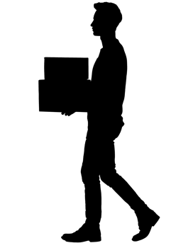 a clean 2d black silhouette of a person walking while carrying a box, delivery worker or moving concept, on isolated background png