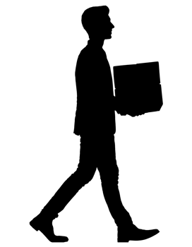 a clean 2d black silhouette of a person walking while carrying a box, logistics and delivery service concept, on isolated background png