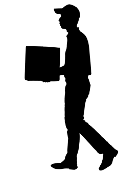 a clean 2d black silhouette of a person walking while carrying a box, courier or mover concept, on isolated background png