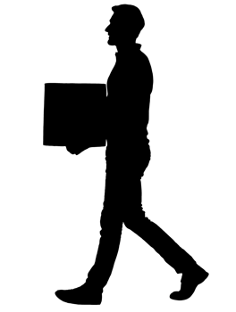 a clean 2d black silhouette of a person walking while carrying a box, delivery and logistics concept, on isolated background png