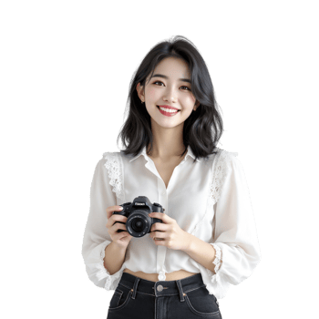 A woman holding a camera and smiling png