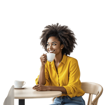 Smiling woman drinking coffee in a cafe png
