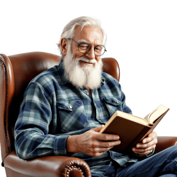An old man with a white beard and glasses sitting in a chair reading a book png