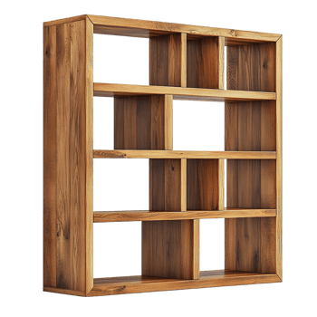 Scandinavian style wooden shelf with multiple square compartments isolated on transparent background png
