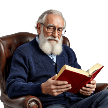 An old man with a white beard and glasses is reading a book png