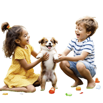 Two children playing with a dog png