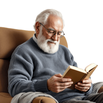 An elderly man with a white beard and glasses is reading a book png