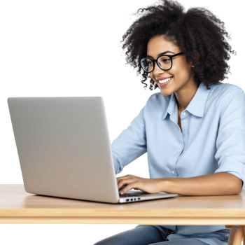 A woman with glasses and a blue shirt is sitting at a table with a laptop png