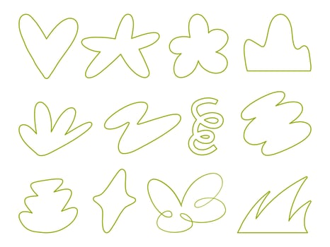 Abstract lined shapes inspired by modern art. A collection of 12 abstract lined icons, including blobs, leaves, stars, and more, ideal for graphic projects and creative designs vector