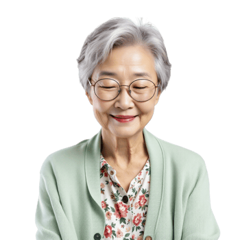 An older woman with glasses and a floral shirt png