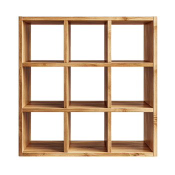 Contemporary wooden cube shelf with symmetrical compartment design isolated on transparent background png