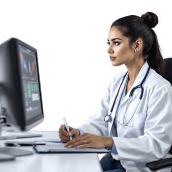 A female doctor sitting at a desk with a computer png