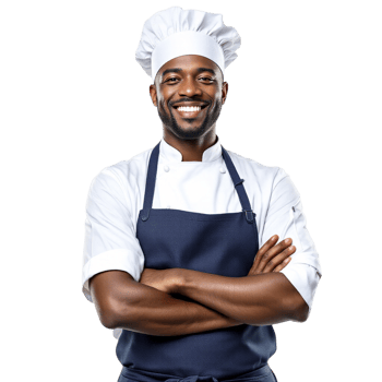 Chef black man with arms crossed standing with apron on black background png