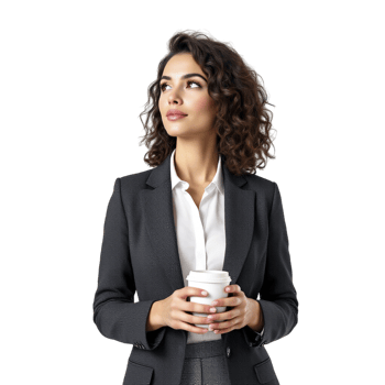 A woman in a business suit holding a coffee cup png