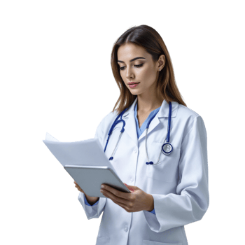 A female doctor in a white coat holding a tablet png