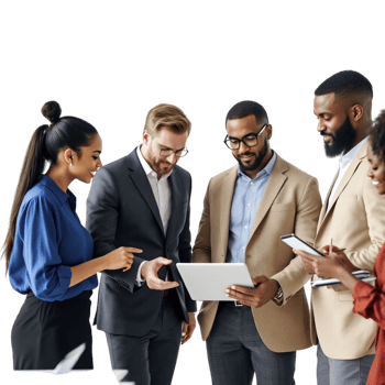 Group of business people standing around a tablet png