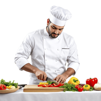 A male chef cutting vegetables on a cutting board png