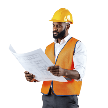 A man in an orange vest holding a blueprint png