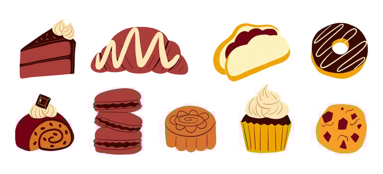 Assorted Chocolate Dessert Collection. A hand-drawn collection of delicious chocolate desserts, featuring cakes, macarons, cupcakes, and pastries. Perfect for bakery and sweet food designs vector