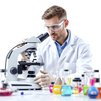 A man in a lab coat looking at a microscope png