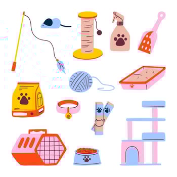 Cat Care and Playtime Essentials. A collection of 13 hand-drawn cat supplies, featuring toys, food, litter essentials, and accessories for a happy, healthy pet vector