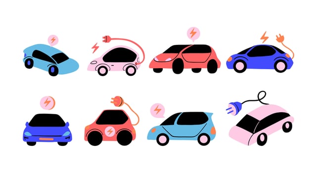 Eco-Friendly Electric Vehicle Illustration. A set of 8 minimalistic electric vehicle illustrations highlighting eco-friendly transportation, clean energy, and modern design vector