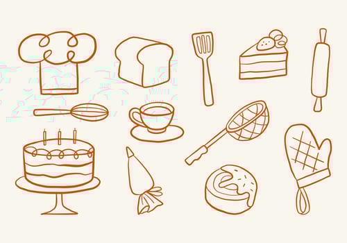 Hand Drawn Kitchen Elements Line Art. A set of 12 hand-drawn kitchen elements, featuring various cooking and baking tools, food items, and dessert icons, in a minimalistic line art style vector