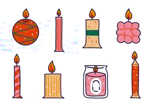 Colorful Hand Drawn Candle Set. A set of 8 unique, hand-drawn colorful candles, perfect for celebrations, decor, and festive designs vector