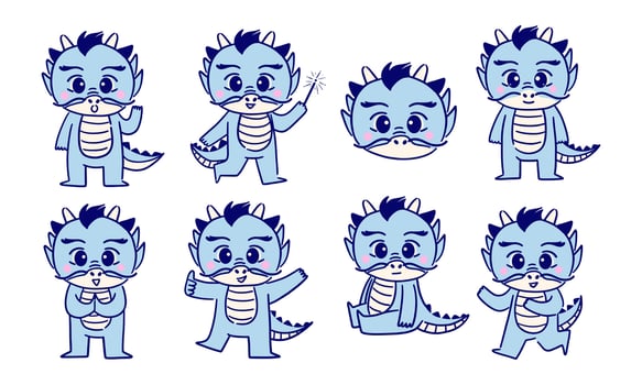 Cute Dragon Character Illustrations in Various Playful Poses. A set of 8 adorable dragon character illustrations showing different poses and expressions, perfect for fantasy and children designs vector
