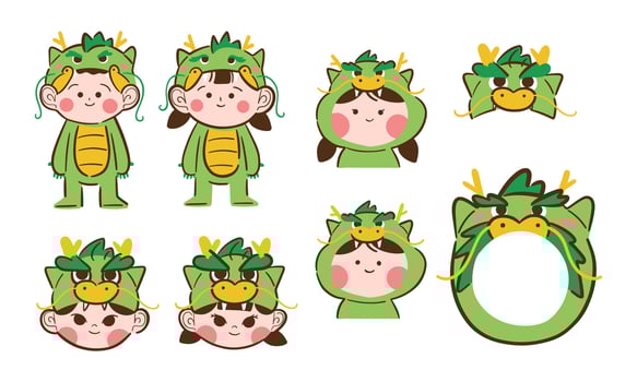 Cute Dragon Costume Character. A collection of eight playful dragon costume characters, featuring full outfits, masks, headbands, and decorative elements, perfect for fantasy or celebration designs vector