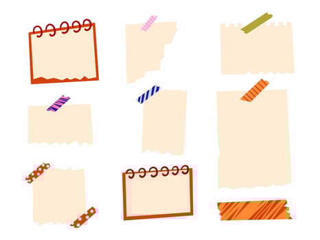 Torn Paper Notes Scrapbook Memo Set. A collection of 9 torn paper note shapes with colorful washi tape and spiral notebook elements. Perfect for journaling, planner, scrapbooking, and creative designs vector