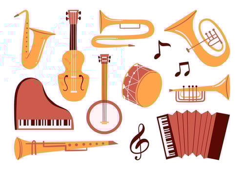 Musical Instrument Icon Percussion. A vibrant collection of musical instrument illustrations, including saxophone, piano, drum, trumpet, accordion, and more, perfect for music-themed designs vector