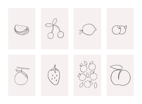 Hand drawn lined poster gallery featuring fruit Perfect for wall art in bedroom living room and office decor Also great for cards magnets books t shirts and posters vector