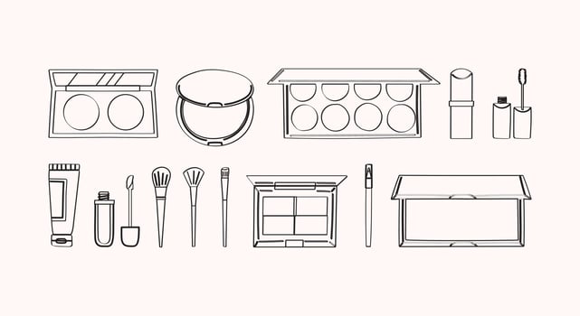 Lined Hand drawn cosmetics and makeup brushes. Bronzer, blush, compact powder, eyeshadow palette, lipstick, mascara, tube, lip cream and eye pencil. vector