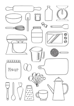 Lined Hand drawn baking tools and ingredient bakery kitchen elements illustration. Ingredients, utensils and tools for baking set illustration vector