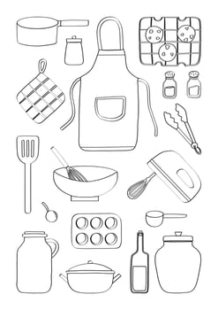 Lined Modern various cute kitchen cooking utensils and baking elements illustration vector