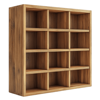 Modern oak wood bookshelf with grid design and natural finish isolated on transparent background png