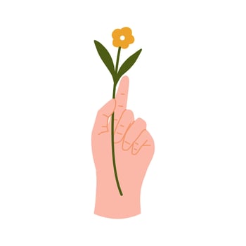 Woman gestures hand holding a yellow flower. illustration, greeting card. vector