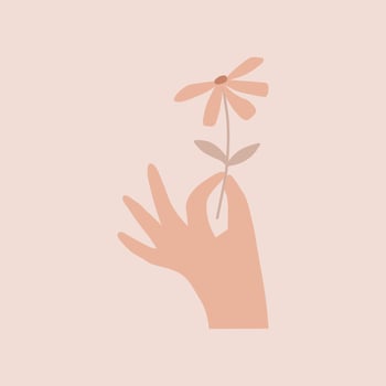Abstract hands holding blooming flowers. Floral decorative design. Elegant summer gifts. Contemporary scandinavian print elements. Minimalistic modern art. Hand drawn trendy illustration. vector